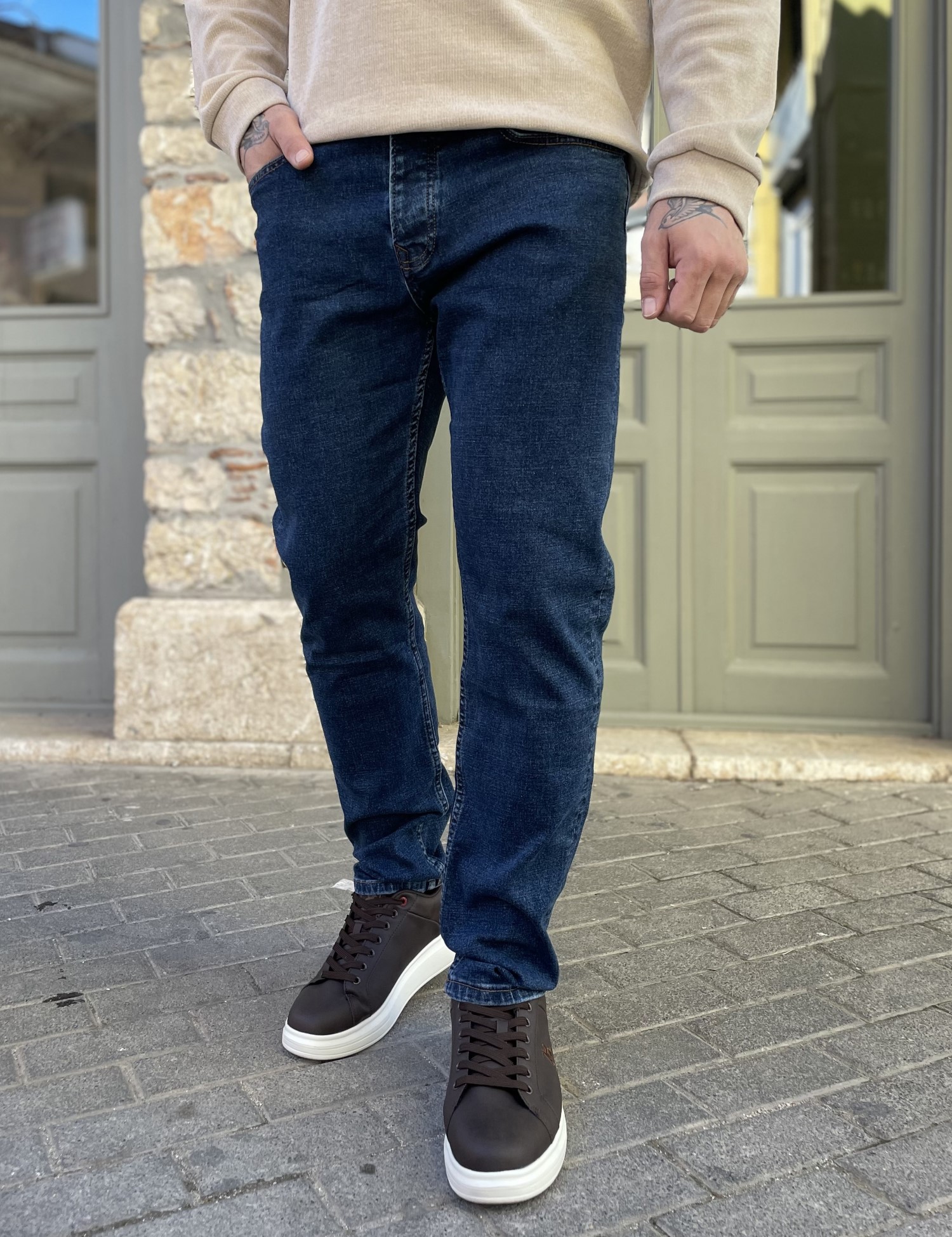 3LINE Ανδρικό μπλε πεντάτσεπο τζιν παντελόνι ίσιο με κουμπιά 3LN2016